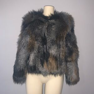 Black brown and grey faux fur coat.
